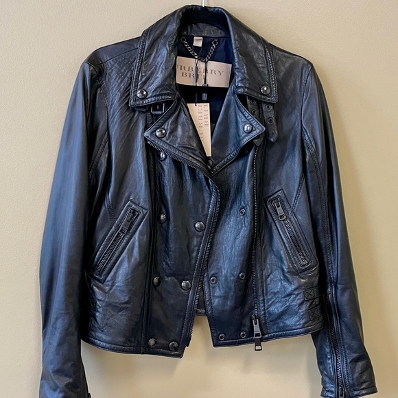 Burberry BritIsleigh Cropped Leather Biker / Moto Jacket Sz 12 fits M ♥ NWT